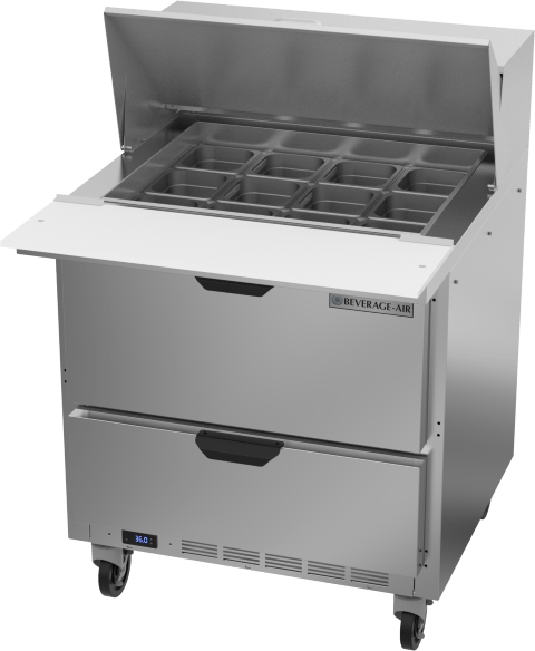Image depicts a sandwich prep table from Beverage-Air.
