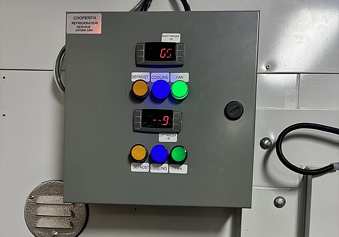 CooperFix control panel with two digital refrigeration controllers for walk-in freezers