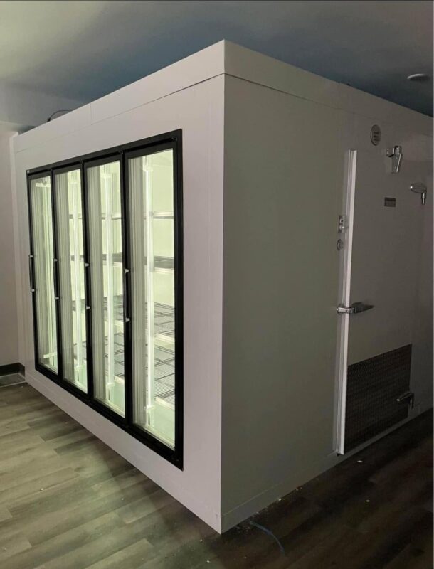 Finished walk-in cooler with glass doors