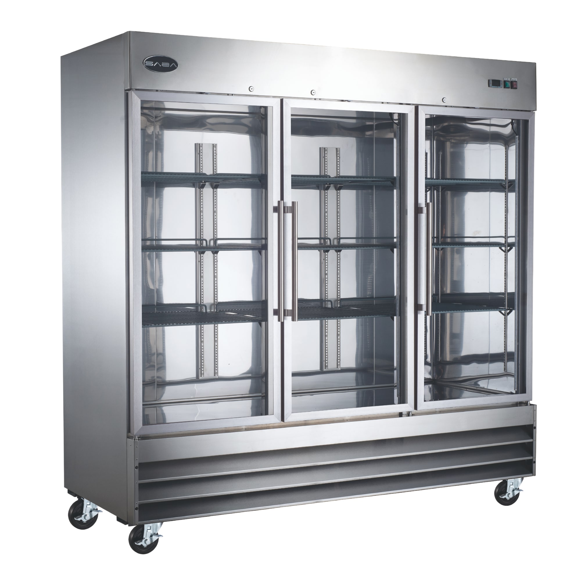 SABA three-door glass-front commercial refrigerator