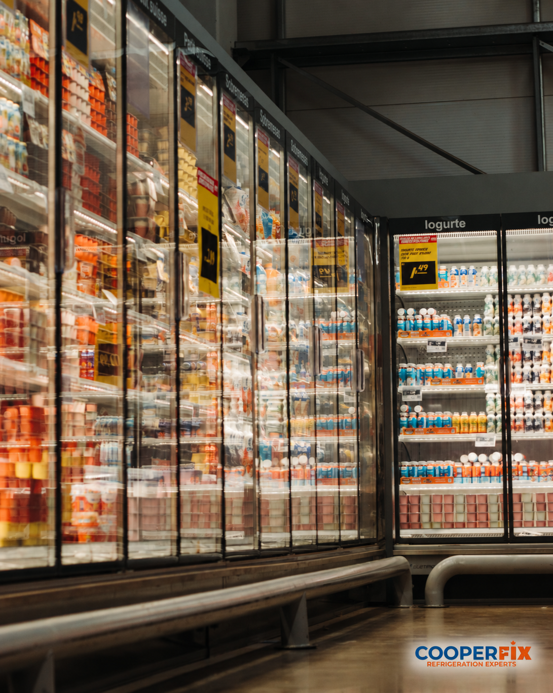 Bank of glass-door refrigerated cabinets holding packaged products