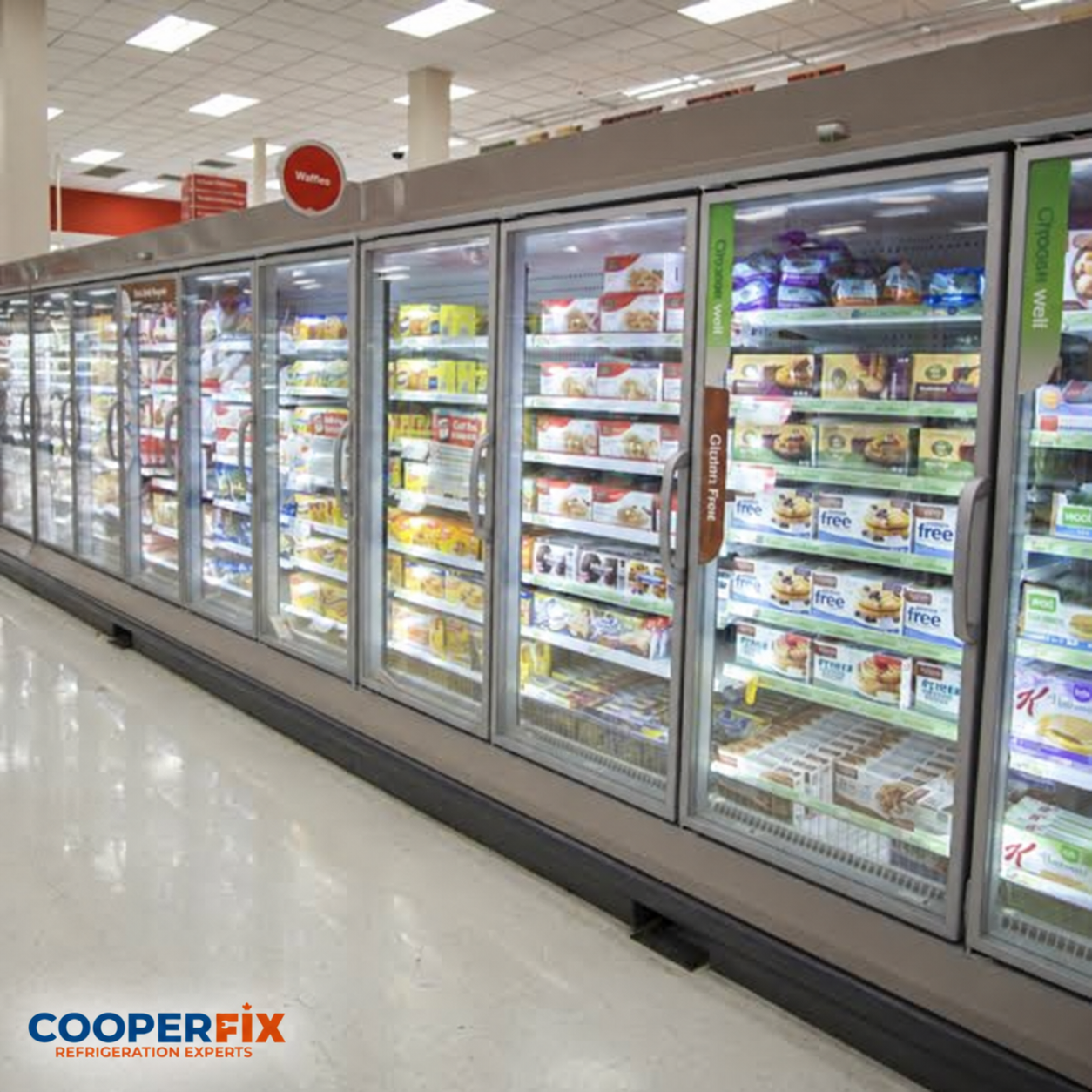 Row of glass-door commercial refrigerated display cabinets