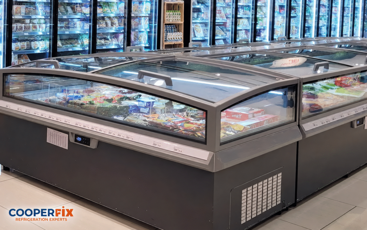 Commercial island freezer cases displaying frozen products