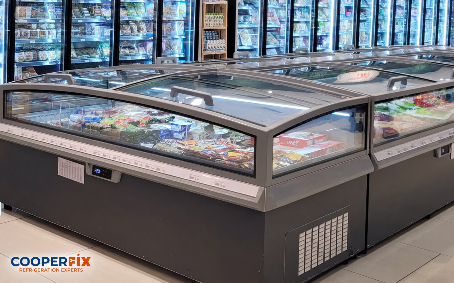 Commercial island freezer cases displaying frozen products