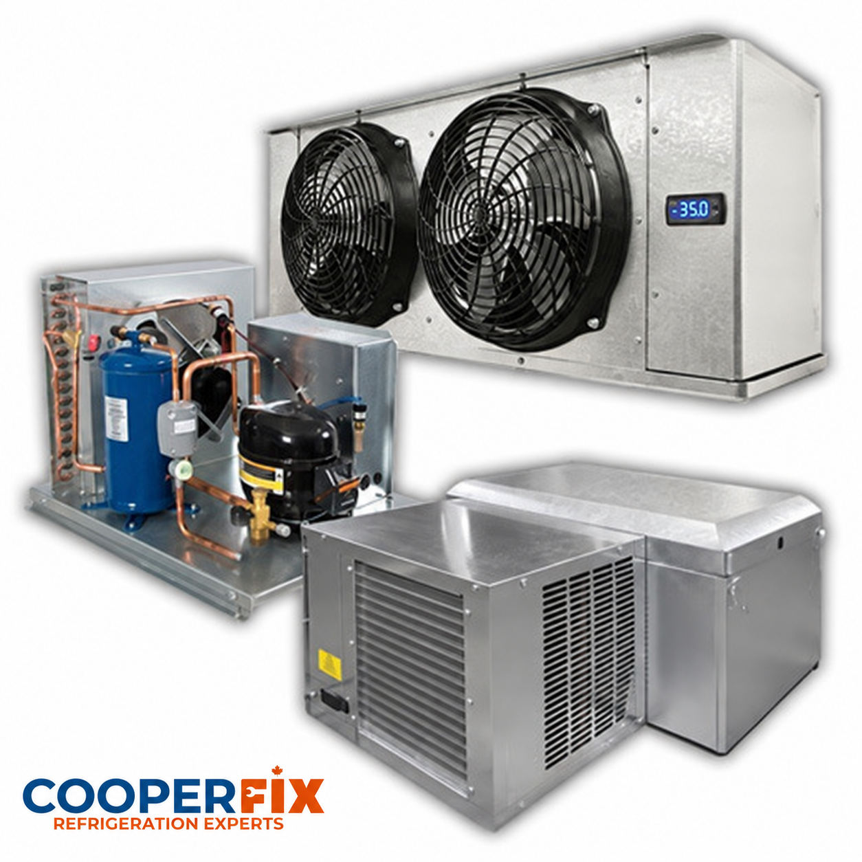 Commercial refrigeration components, including a fan unit and condensing equipment
