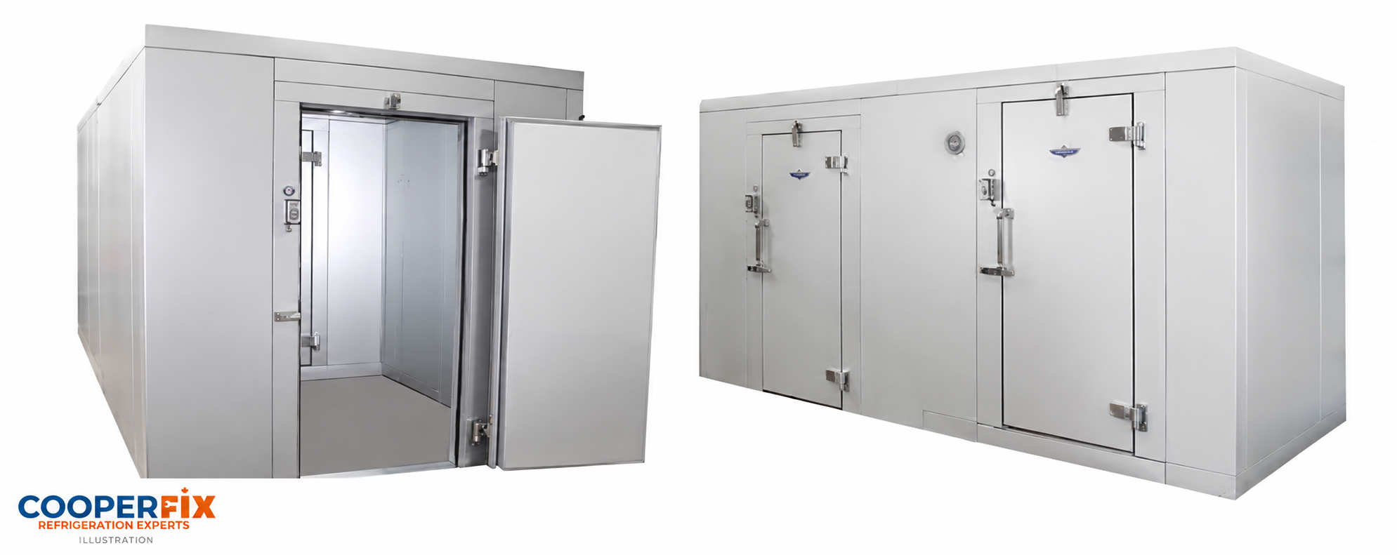 Illustration of two walk-in refrigerated enclosures with solid access doors