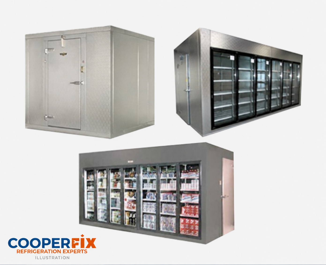 Equipment illustration showing a cold room and glass-front refrigeration configurations.