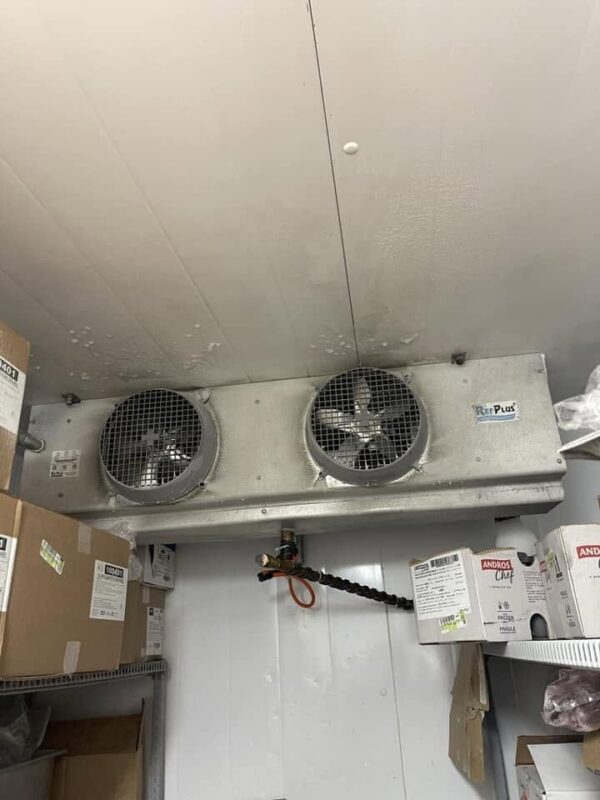 CooperFix technician view of a walk-in cooler evaporator with twin fans mounted above product shelving