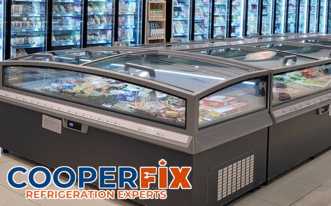 Commercial island freezer cases displaying frozen products
