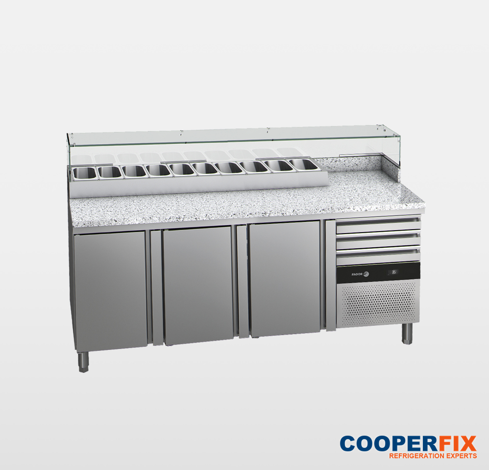 Fagor Professional compact pizza preparation counter with refrigerated ingredient area