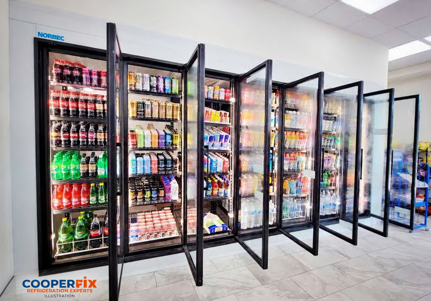 Commercial beverage display with multiple glass doors open.
