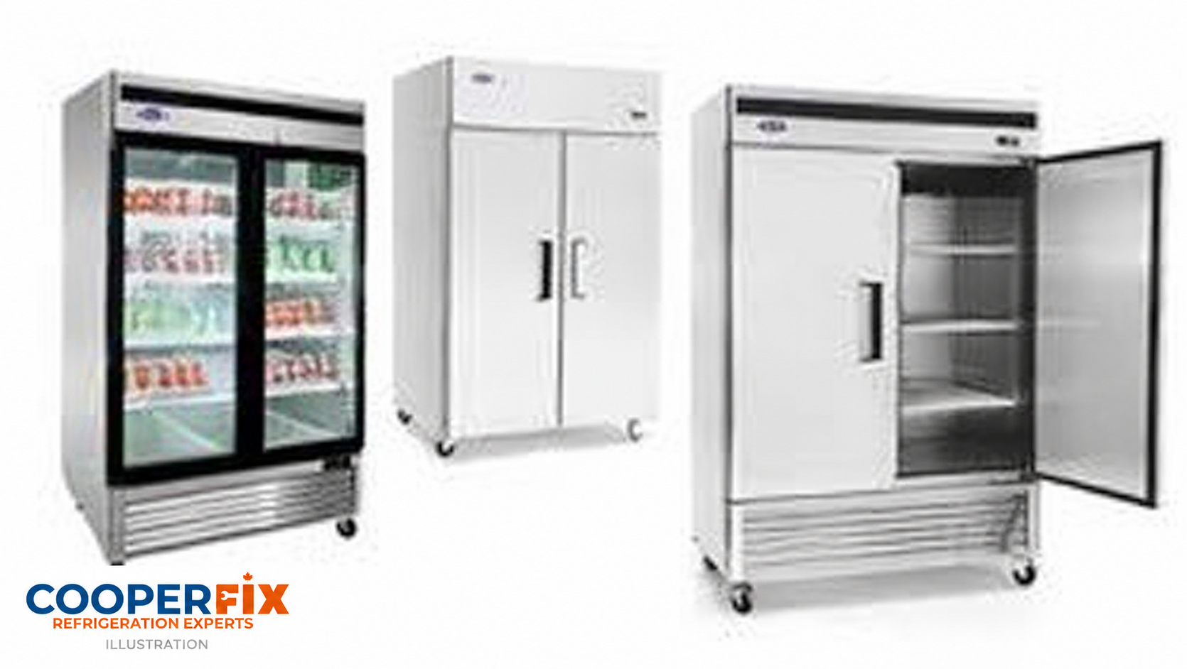 Equipment illustration showing glass-door and solid-door commercial upright cabinets.