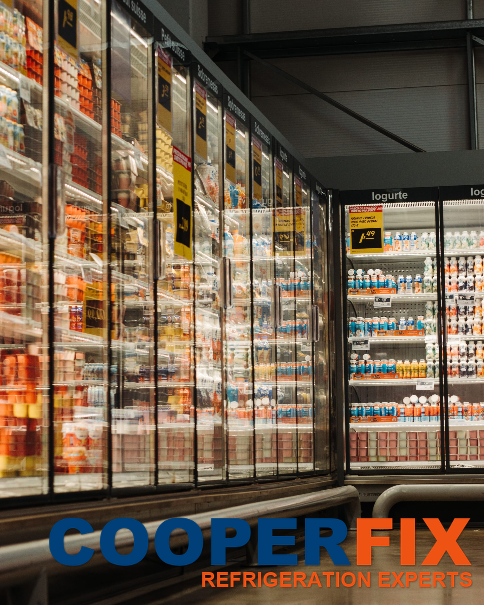 Large glass-door refrigerated display along a food-store aisle.