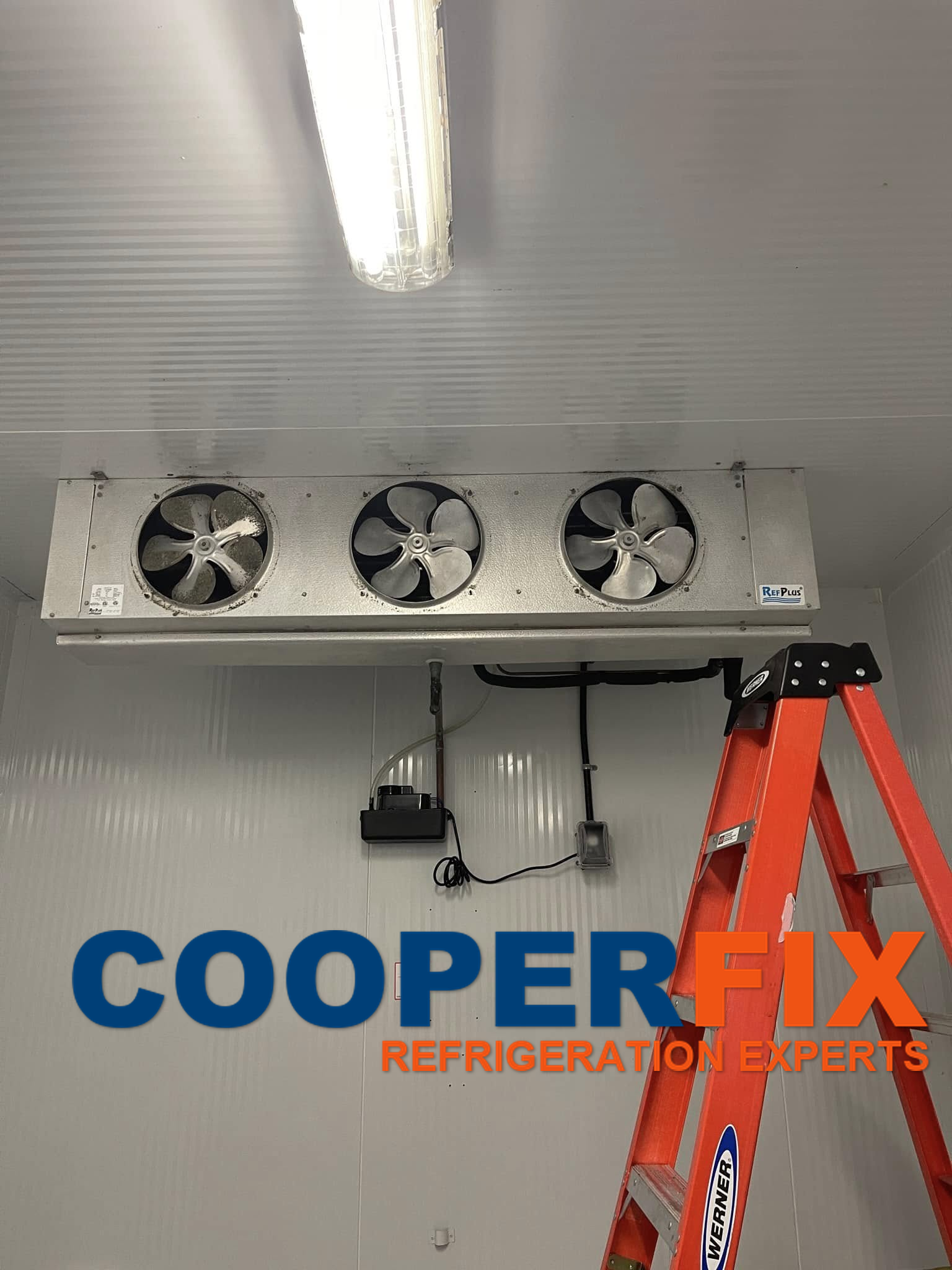Three-fan cold-room evaporator with fan fronts exposed and a service ladder nearby.