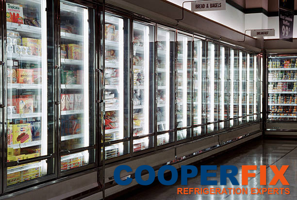 Long row of glass-door freezer displays stocked with frozen food.