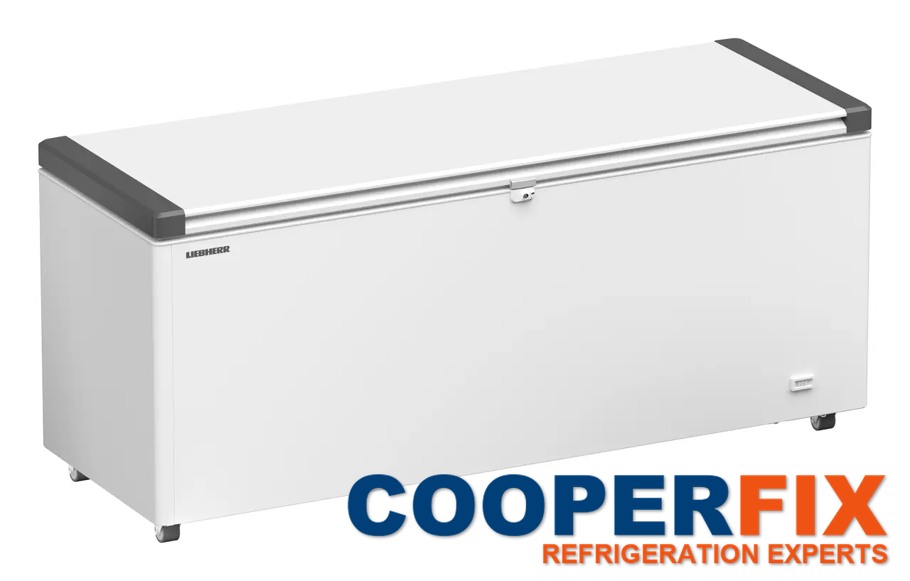 Large solid-lid Liebherr EFL 6055 commercial chest freezer.