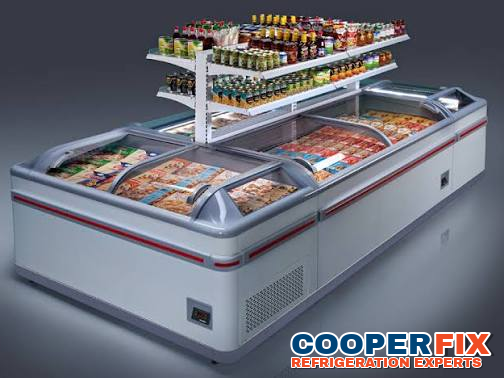 Commercial island freezer display case for frozen-food merchandising.