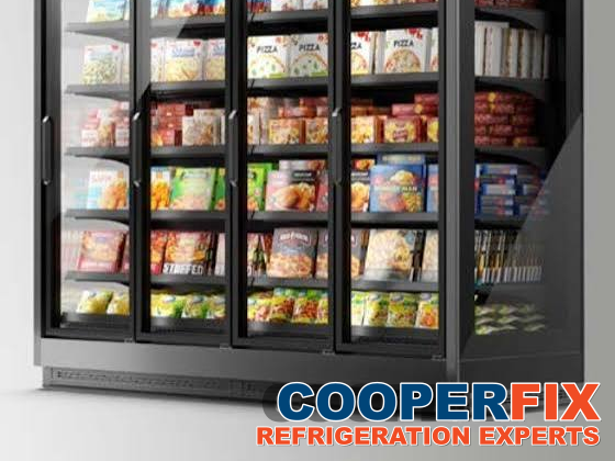 Upright commercial glass-door freezer merchandiser.