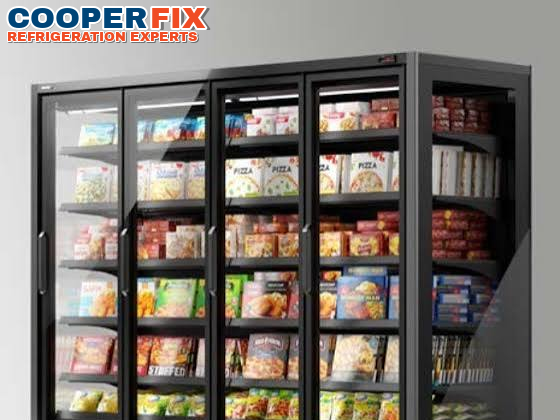 Upright commercial glass-door freezer merchandiser.