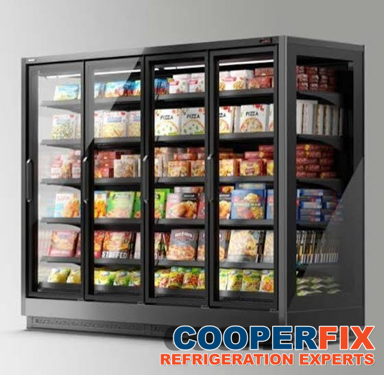 Glass-door upright frozen-food display cabinet.