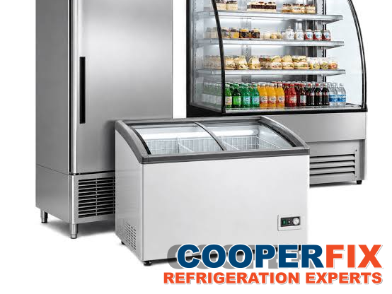 Commercial reach-in cabinet, refrigerated display case and chest freezer.