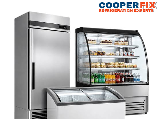 Commercial reach-in cabinet, refrigerated display case and chest freezer.