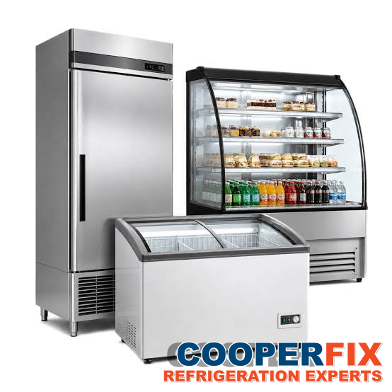 Equipment illustration combining a solid-door cabinet, a display case and horizontal storage equipment.