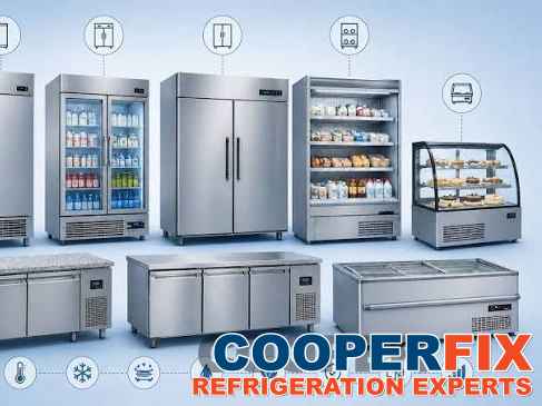 Lineup of stainless commercial reach-in refrigeration cabinets.