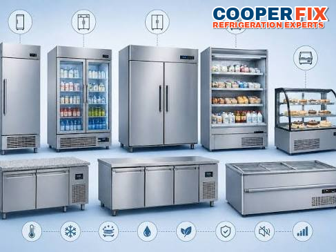 Lineup of stainless commercial reach-in refrigeration cabinets.