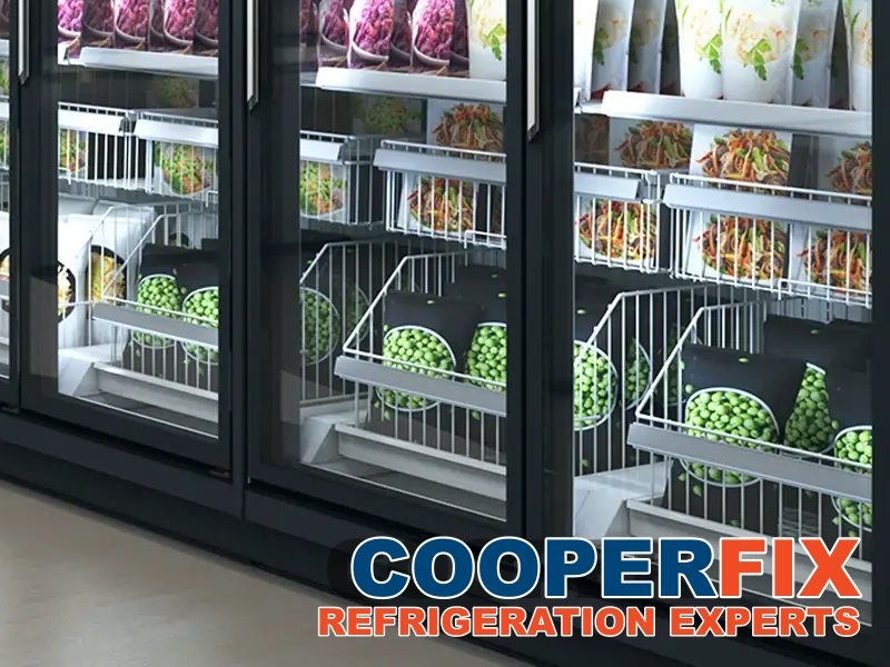 Long commercial glass-door refrigerated display wall.
