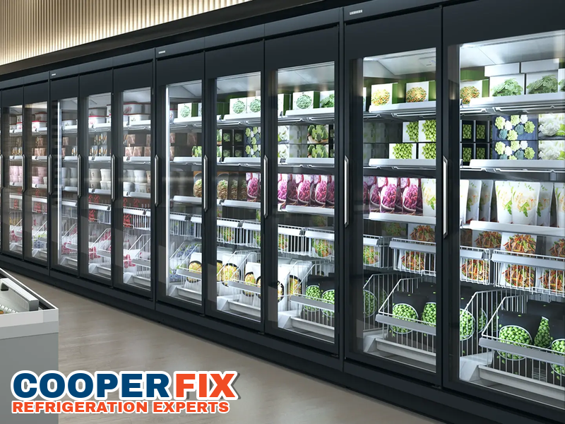 Long commercial glass-door refrigerated display wall.
