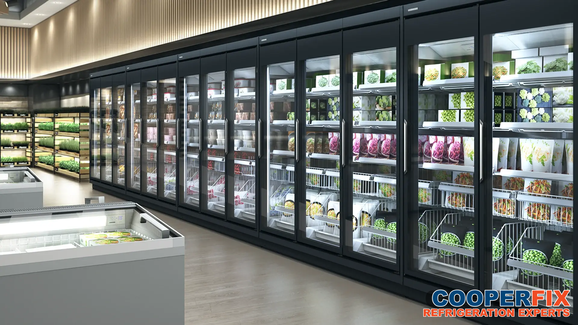 Long row of glass-door commercial merchandise displays.