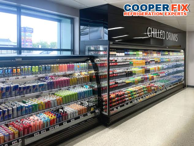 Commercial open-front beverage multideck refrigerator.