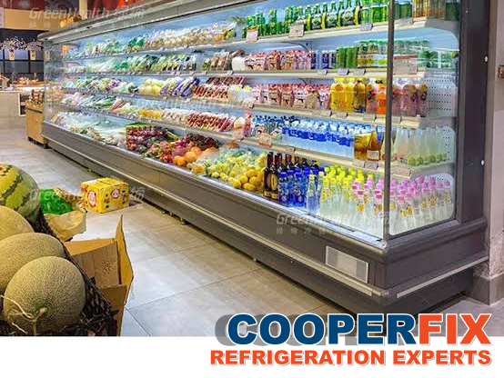 Commercial open-front produce and beverage refrigerator.