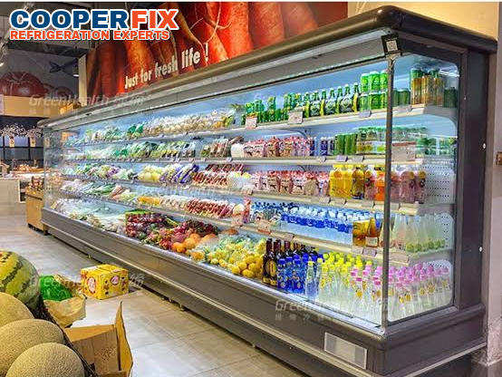 Commercial open-front produce and beverage refrigerator.