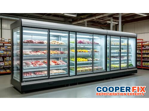 Long commercial glass-door meat and produce merchandiser.