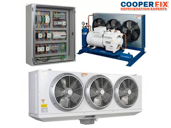 Commercial refrigeration controls, condensing unit and evaporator assembly.