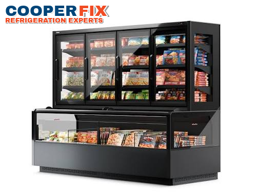Commercial frozen-food merchandiser with glass-door and open display sections.