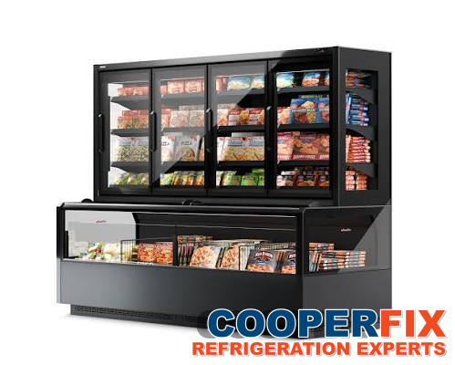 Combined glass-door and horizontal frozen-food display cabinet.