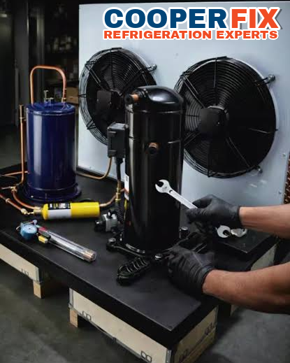 Technician servicing a commercial refrigeration compressor and condensing unit.