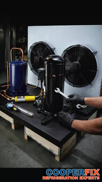Hands holding tools beside a refrigeration condensing assembly.