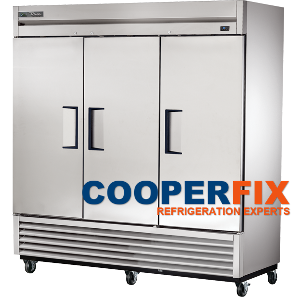 Three-door solid-door True T-72-HC commercial reach-in refrigerator.